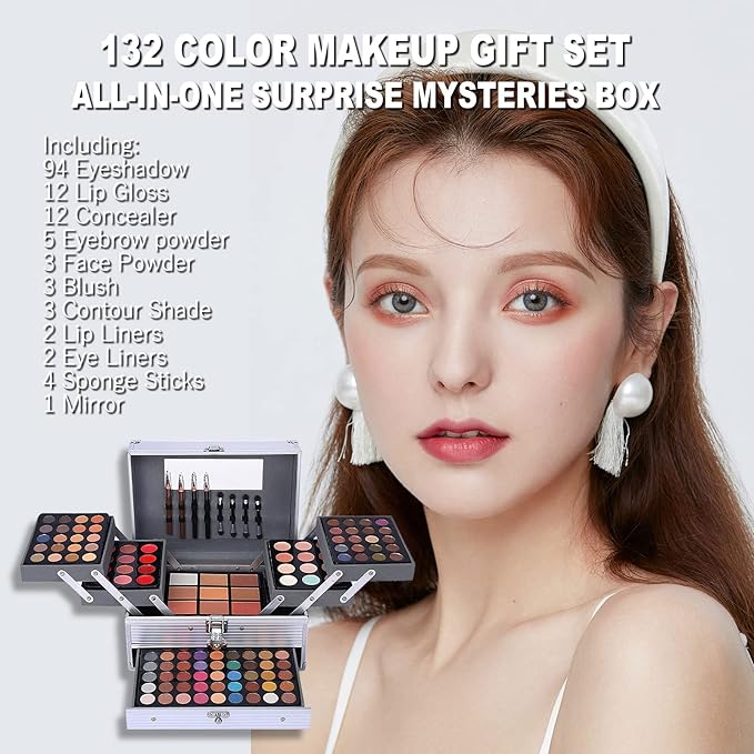 132 Color All In One Makeup Kit,Professional Makeup Case Set for Teen Girls, Multicolor Eyeshadow Palette(006N2-Silver)-VivaGrace Women