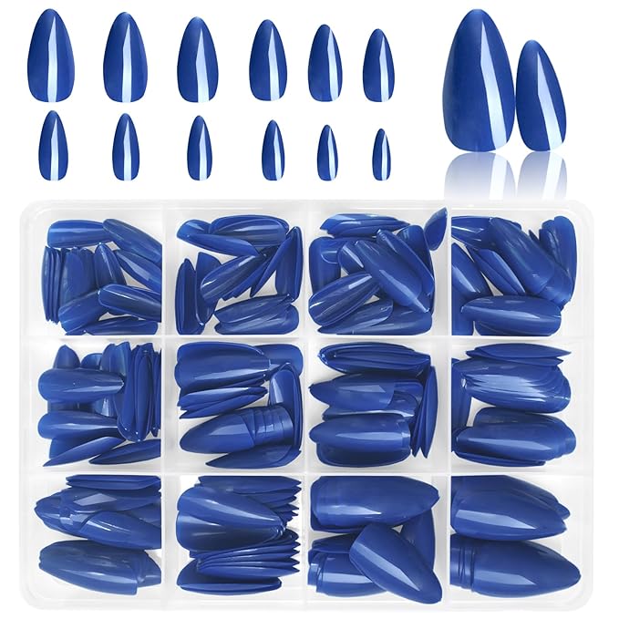 LoveOurHome 240pc Almond Press on Nails Medium Length Blue Fake Nail Tips Full Cover Artificial Fingernail French Short Stiletto Glue Nail Press ons with Adhesive Tabs for Women Girls