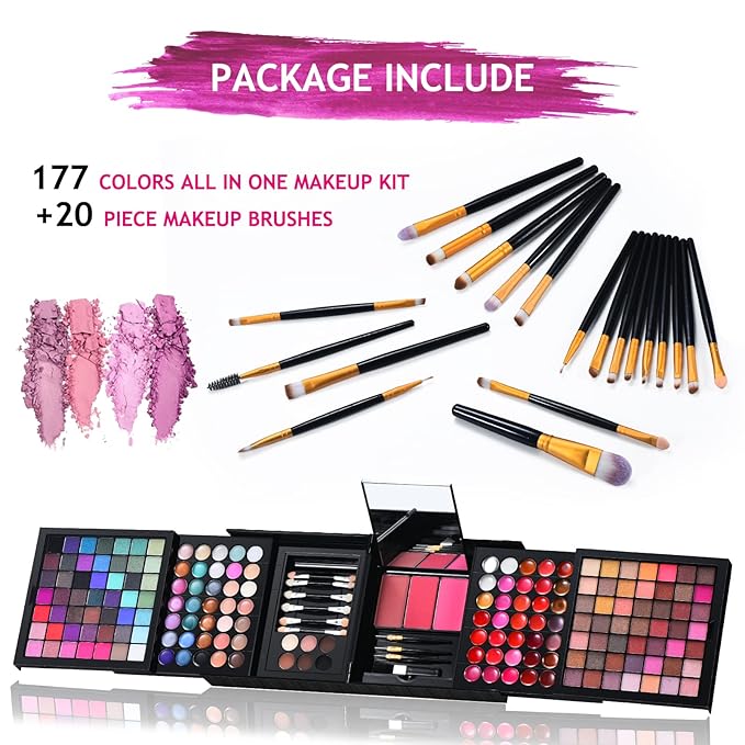 All in One Makeup Kit for Women Full Kit- 177 Color Combination Makeup Set Palette- 119 Eyeshadow,35 Lipstick,6 Powder,14 Concealer,10 Applicators,20 Brushes Set,Make Up Gift Kits for Women Teen Girl-VivaGrace Women