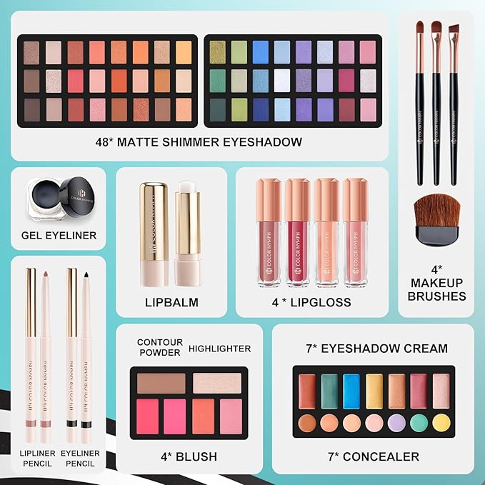 Color Nymph All In One Makeup Kit Comestics Gifts for Girls Teens, Travel Makeup Set 4 Trays Train Case for Beginner Includes Eyeshadow Highlighter Lipgloss Blush Concealer Brush Eyeliner Lipbalm-VivaGrace Women