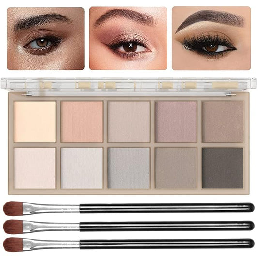 10 Colors Eyeshadow Palette Matte Naked Eye Shadow Makeup,High Pigmented, Naturing-Looking, Ultra-Blendable,Long Lasting High Pigment Nude Eyeshadow with 3 Eyeshadow Brush(Cement color)-VivaGrace Women
