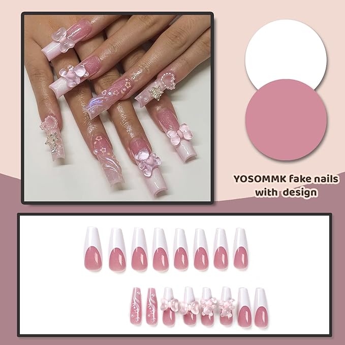 Long Press on Nails French Tip Coffin Fake Nails with Rhinestones Star Designs 3D Cute Bears False Nails Sequins Stick on Nails Glossy Glue on Nails for Women and Girls