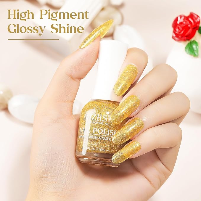 MIZHSE Quick Dry Nail Polish, Glitter Gold Nail Polish Non Gel Air Drying Fast, 15 ml Regular Sparkle Shimmery Oil-based Glitter Nail Lacquer Nail Art Manicure DIY Home