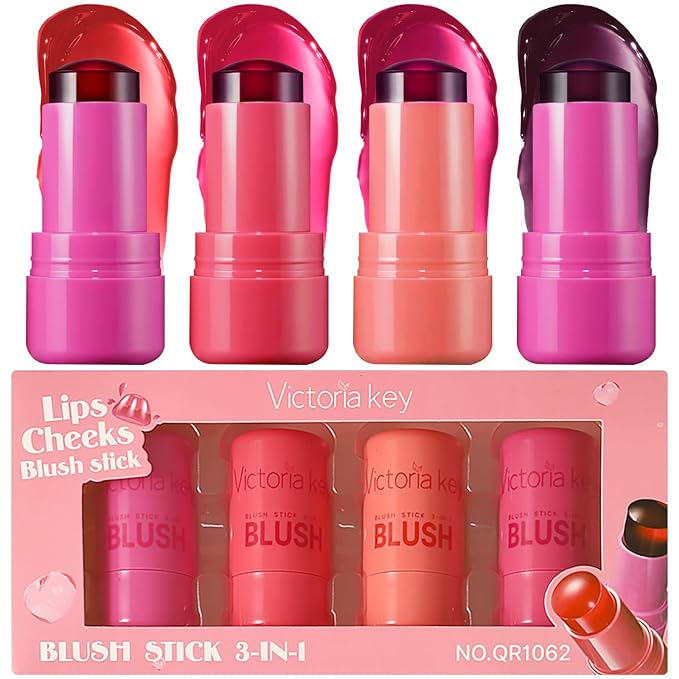 4 Pcs Jelly Blush Stick,Sheer Lip & Cheek Stain Makeup Cooling Water Jelly Tint, Multiple Use Long Lasting Jelly Texture Non-Stick Blush for Cheeks, Pigmented Waterproof Makeup Blush-VivaGrace Women