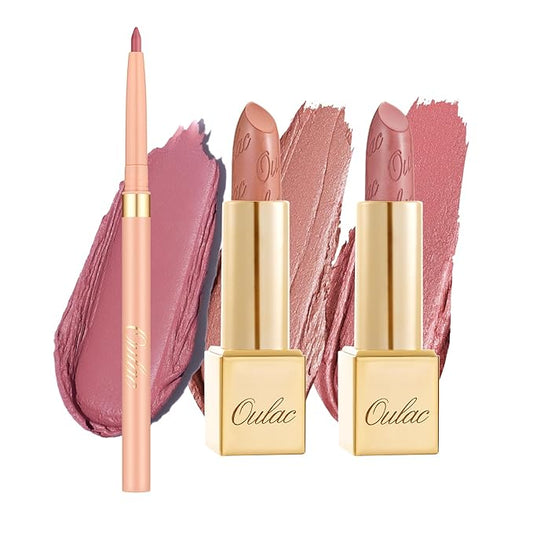 Oulac Lipstick & Lipliner Set 3PCS High Impact Lipcolor with Moisturizing Formula, Vegan Beauty, Full-Coverage Lip Color, Gift Lipstick for Women, LL01+07+13-VivaGrace Women