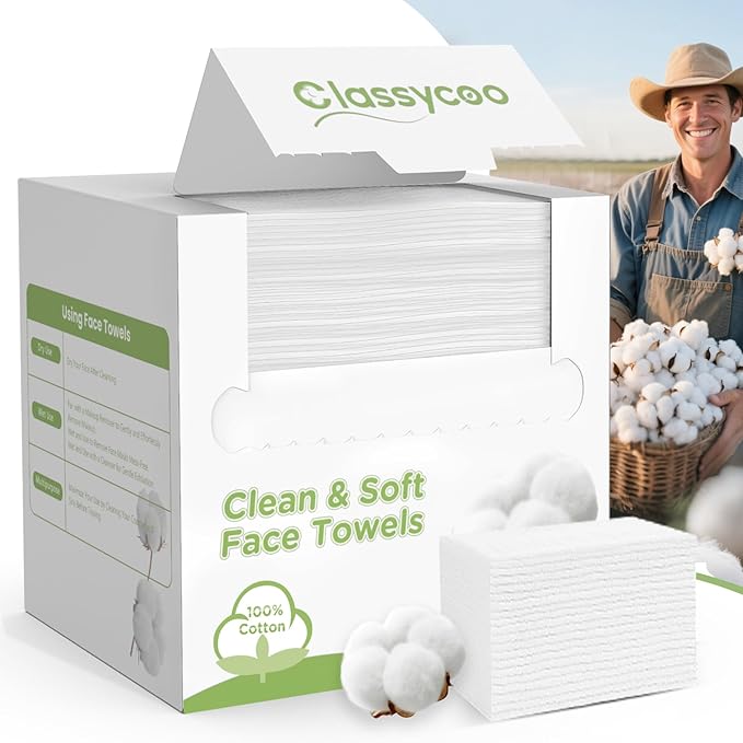 Classycoo 100% USA Organic-Cotton Disposable Face Towel, Ultra-Soft for Sensitive-Skin Facial Wipes Cleansing Towels, Odor-Free, Makeup Remover Cloths for Travel, Beauty, Home Hand Dry Wipe(50 Count)