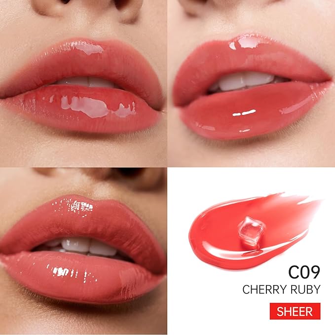 Catkin Lip Plumper Gloss, Tinted Lip Serum with Hyaluronic Acid & Jojoba Oil, Non-sticky Volumizing Hydrating Formula for a High Shine Maximum 3D Look, Plump & Soft Lips 0.12 Fl Oz - C09 Cherry Ruby-VivaGrace Women