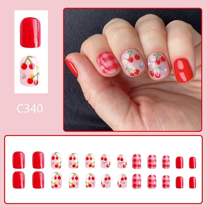 OCOUYVD 24 Pcs Extra Short Press on Nails Square False Nails with Red Cherry Designs Square Fake Nails Cute False Nails Glue on Nails Summer Acrylic Nails Fruit Stick on Nails for DIY Nail Art