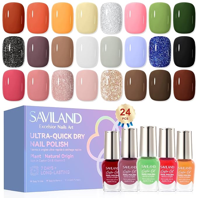 SAVILAND Color Artistry Nail Polish Set: Quick Dry 24 Colors Regular Nail Polish Kit Glitter Pink Red Brown Finger Bulk Fingernail Polish Set Non Gel Castor Oil Vitamin E Nail Lacquer Set Women Home