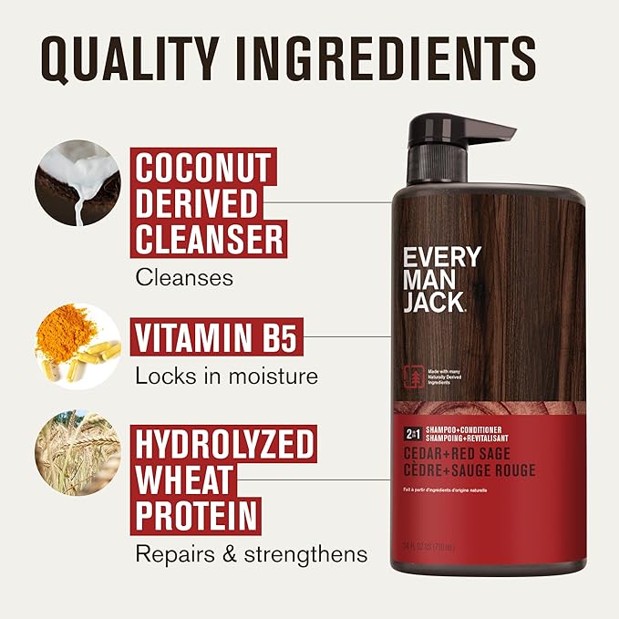 Every Man Jack 2-in-1 Daily Shampoo + Conditioner - Cedar and Red Sage | Nourishing For All Hair Types, Naturally Derived, Cruelty-Free Shampoo and Conditioner Set for Men | 24oz -1 Bottle-VivaGrace Women