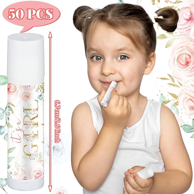 50 Pack Floral Baby Shower Lip Balm Party Supplies Bulk for Girls Guests It's a Girl Baby Shower Gifts Gender Reveal Favors Prizes Souvenirs Winners Thank You Appreciation Gifts-VivaGrace Women