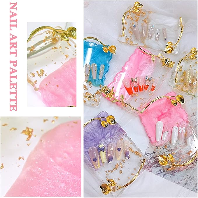 2023 Retro Nail Art Palette, Nail Painting Mixed Color Palette with Leaves Handle, Nail Holder Gel Color Makeup Display Board Pallet (Pink)-VivaGrace Women