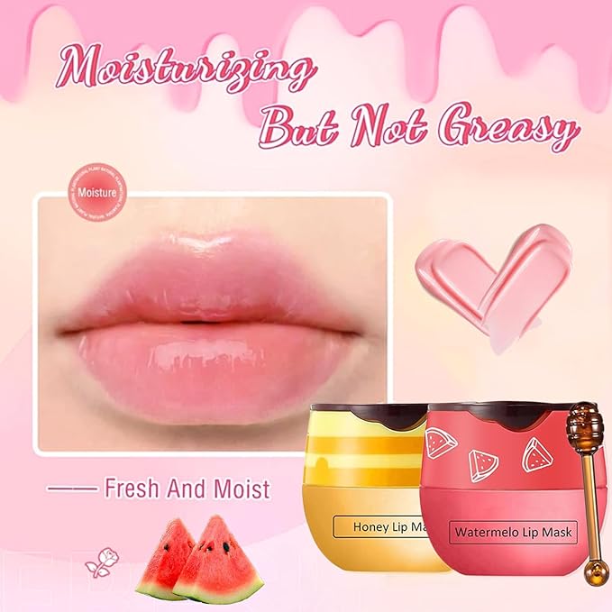 3 PCS Bee Lip Mask Honey Pot Lip Balm,Strawberry Watermelon Lip Mask Overnight Hydrating Dry and Crack Lip Scrubs Exfoliator Propolis Lip Sleeping Mask (Strawberry & Watermelon & Honey)-VivaGrace Women