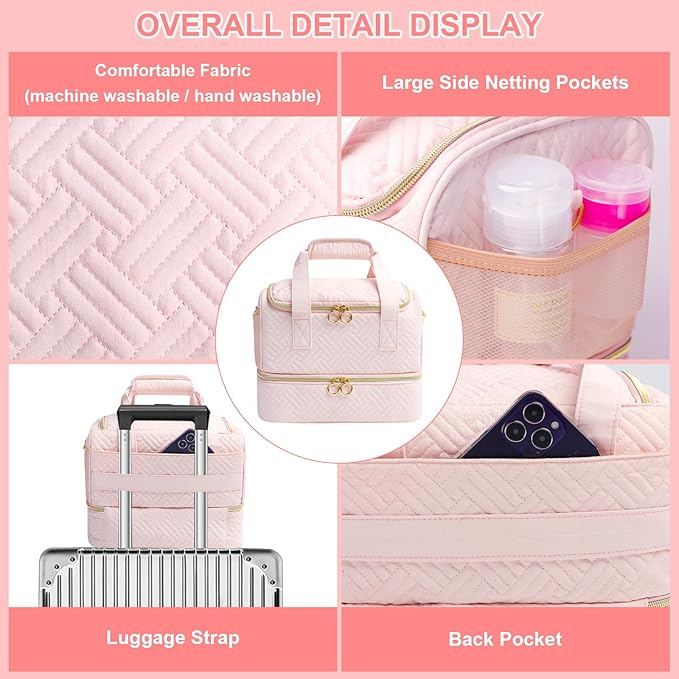 Nail Polish Organizer Bag Holds 50 Bottles (15ml/0.5fl.oz)& Nail Lamp, Soft Velvet Nail Kit Storage Carrying Case with Shoulder Strap, Double Layer Nail Supplies Organizer Handbag Women (Pink)