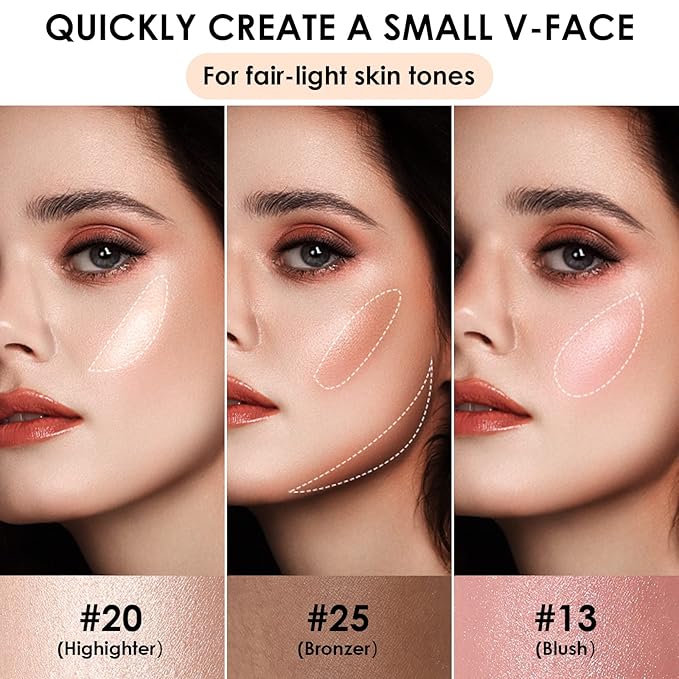FOCALLURE 3 Pcs Cream Contour Sticks,Shades with Highlighter & Bronzer & Blush,Non-greasy Long-wear Face Contouring Pen,Easy to Sculpt the Face and Create a Lightweight Finishing Makeup,FAIR-LIGHT-VivaGrace Women