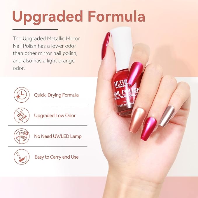 MIZHSE Quick Dry Chrome Nail Polish, Rose Gold Mirror Nail Polish 15ml, Air Dry Fast Mirror Metallic Effect for Fingernail Toenail Manicure Home