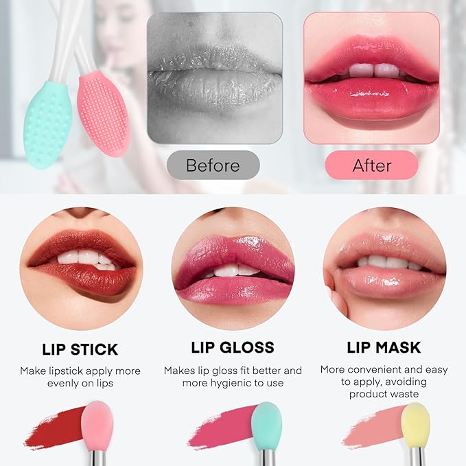 Unaone Lip Scrub Brush - 4 PCS Dual-ended Lip Scrubber Exfoliator and Silicone Lip Brush, 2-in-1 Silicone Lip Scrub Tool Lip Mask Applicator, Gentle Exfoliator & Applicator for Soft-VivaGrace Women