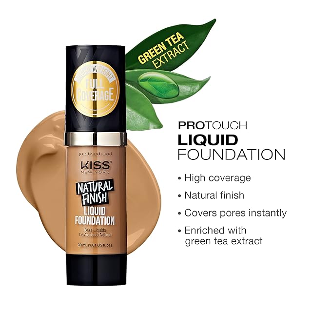 Kiss New York Professional Liquid Foundation - Lightweight and Hydrating Formula, Natural Finish, Control Shine, Cover Pores, Medium to Full Coverage, Green Tea Extract (Soft Tan)-VivaGrace Women