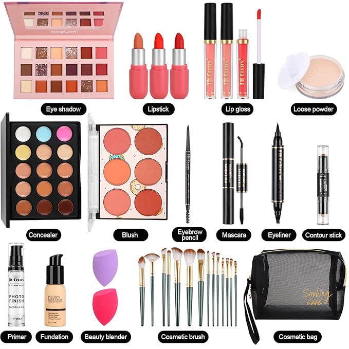 Fenshine Makeup Set,Make Up Starter Kit With Storage Bag Portable Travel Make Up Palette Eyeshadow Foundation Lip Gloss for Teenage & Adults (Type B)-VivaGrace Women