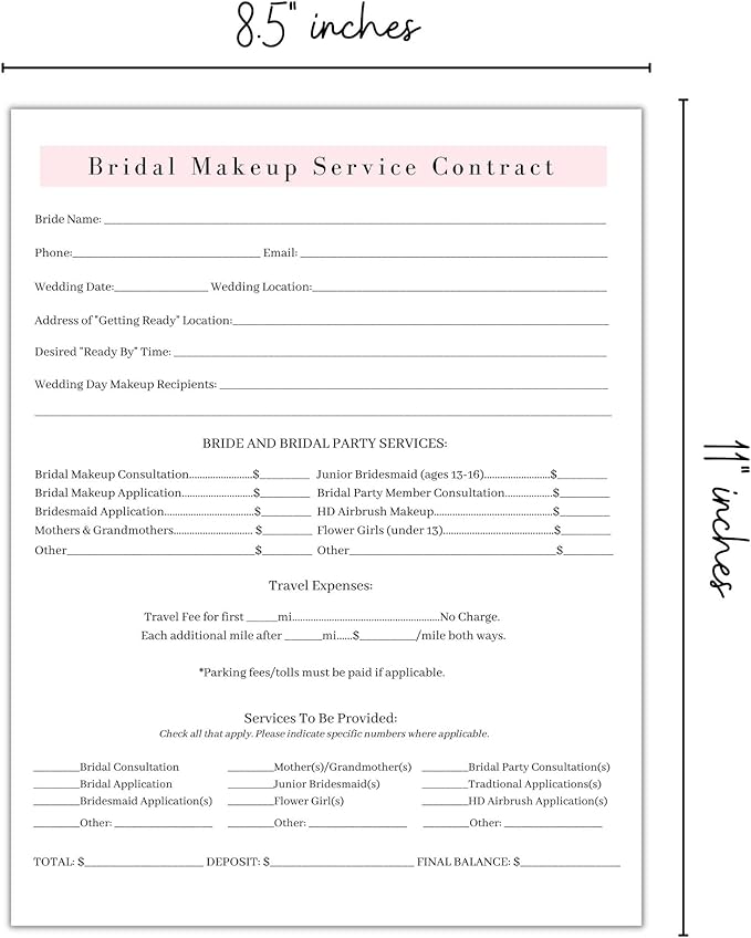 Bridal Makeup Service Contract | 100 Pack | 8.5 x 11" A1 Forms | Makeup Artist Supplies | Bridal Contract | White and Pink Forms-VivaGrace Women