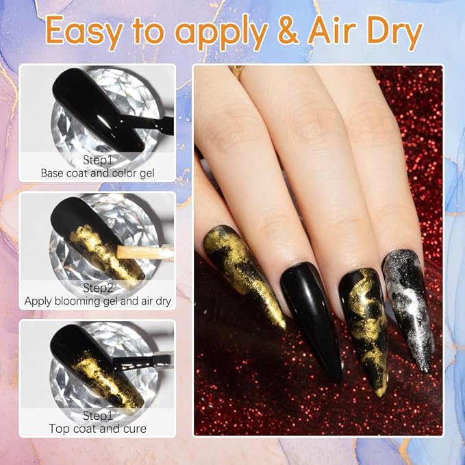 MIZHSE 12PCS Marble Nail Polish, Blooming Gel Marble Ink for Nails Gold Blue Purple Nail Ink Watercolor Magic Blossom Gel Nail Polish for Nail Salon Home DIY