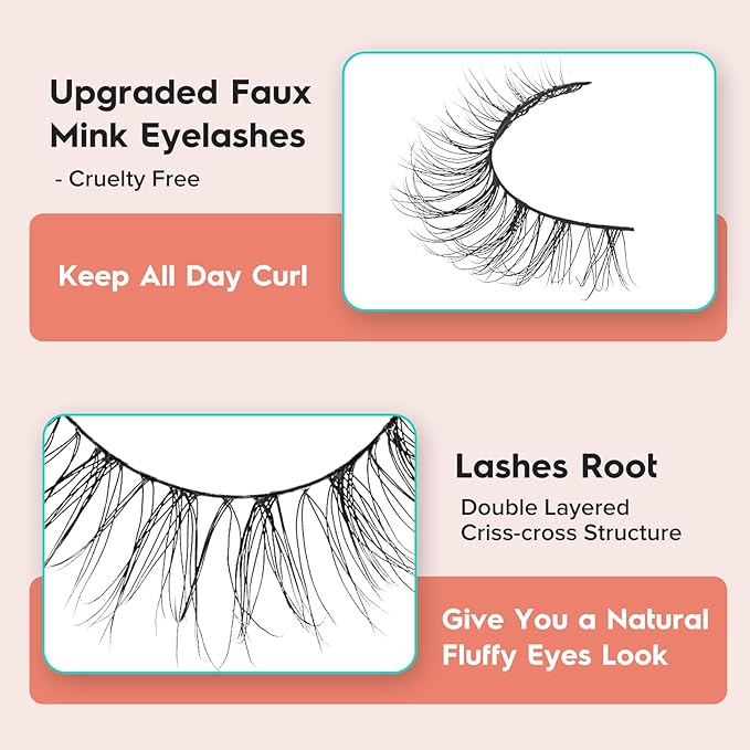 Natural Lashes Wispy False Eyelashes 10mm Short Lashes 3D Volume Strip Lashes Fake Eyelashes Siligli Lashes Thin Band Curly Eye Lashes Pack 10 pair-VivaGrace Women