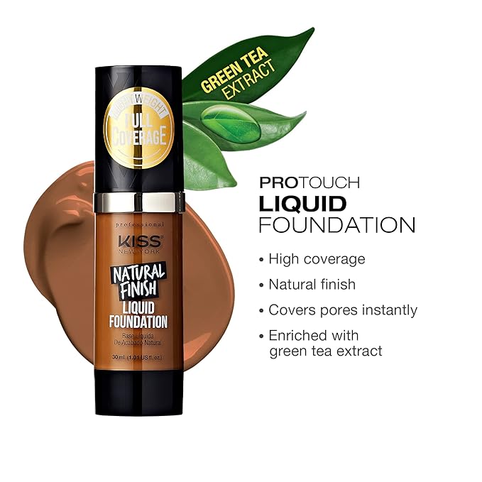 Kiss New York Professional Liquid Foundation - Lightweight and Hydrating Formula, Natural Finish, Control Shine, Cover Pores, Medium to Full Coverage, Green Tea Extract (Warm Coconut)-VivaGrace Women
