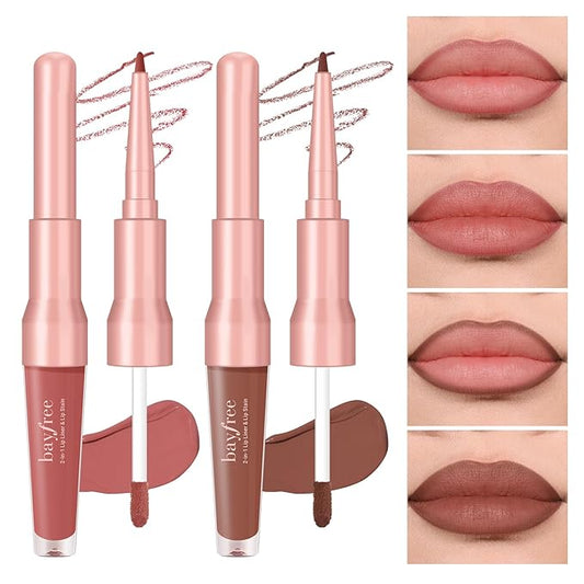 2 PCS Lip Liner and Lip Stain Combo Set, High Pigmented Long Lasting Velvet Lip Tint, Well-Defined Lipliner, Weightless Waterproof Not Animal Tested, Matte Finish Makeup-VivaGrace Women