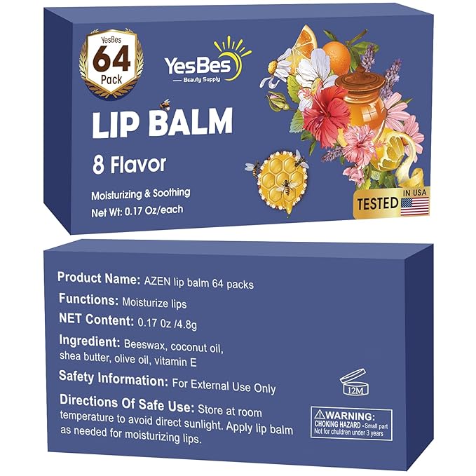 64 Pack Lip Balm, Natural Lip Balm Bulk with Vitamin E and Coconut Oil, Moisturizing Lip Balm for Dry Cracked Lips, Lip Balm for Stocking Stuffers - 8 Flavors-VivaGrace Women