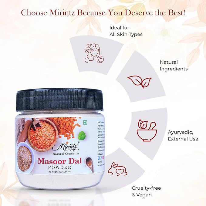 100% Natural Masoor Dal Powder | (3.5 Oz) Organic Lentils Powder for Face & Skin | Red Lentils Powder for Natural Face Pack | Dried Masoor Dal Cleansing Powder & Skin Brightener for Face-VivaGrace Women