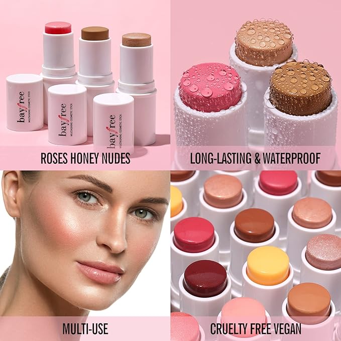 KIMUSE Multi Stick Trio Face Makeup, Cream Blush Stick for Cheeks & Lips, Contour Stick & Highlighter Makeup Sticks for All Skin-VivaGrace Women