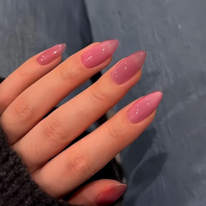 KQueenest Cat Eye Dark Pink Press on Nails Almond Shape, Glitter Fake Nails Medium, Thick Sparkly Glass Nails Press on, Shiny Acrylic Nails, Cute Bling Stick on Nails for Women, 30 Pcs