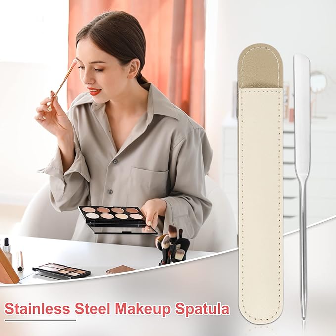 VOCOSTE 1 Set Stainless Steel Makeup Spatula, Liquid Foundation Spatula Tool with Faux Leather Case, Lipstick Nail Polish Mixing Palette Spatula, Beige-VivaGrace Women