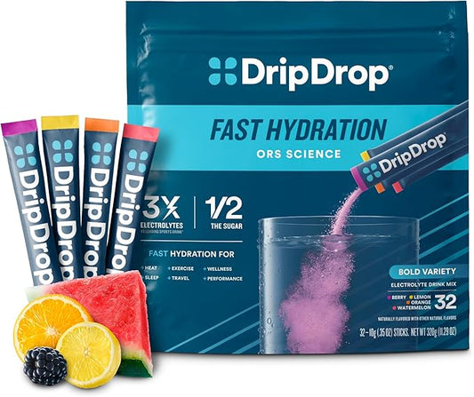 DripDrop Hydration Packets - Bold Variety Pack - Single Serve Electrolytes Powder Drink Mix - Watermelon, Berry, Lemon, Orange - Non-GMO, Gluten Free, Vegan - 32 Sticks-VivaGrace Women