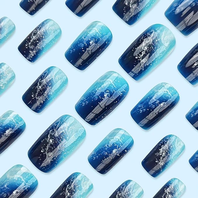 Square Press on Nails - Medium Blue Ombre False Nails with Glitter Designs, Thick Glossy Artificial Nails, 24Pcs