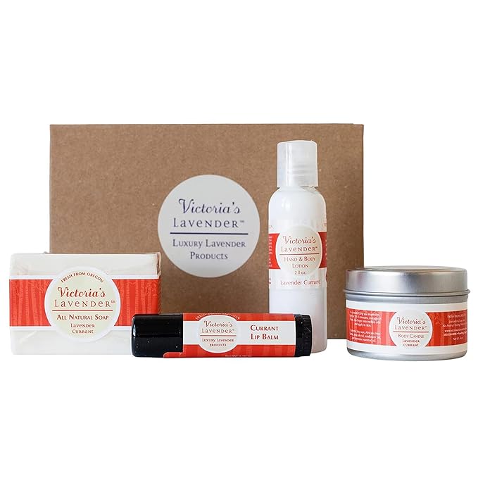 Victoria's Lavender Natural Body Products Gift Set - Handmade Soap, Hand & Body Lotion, Lip Balm, Body Candle Skin Care Sets & Kits, Lavender Bath and Body Products for Women, Lavender Currant-VivaGrace Women