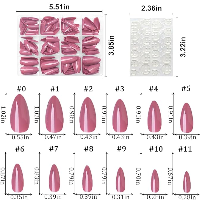 LoveOurHome 240pc Almond Press-on Medium Fake Nail Tips - Full Cover Lotus Pink Artificial Fingernails - Short Stiletto Nails - Press-ons with Glue & Adhesive Tabs