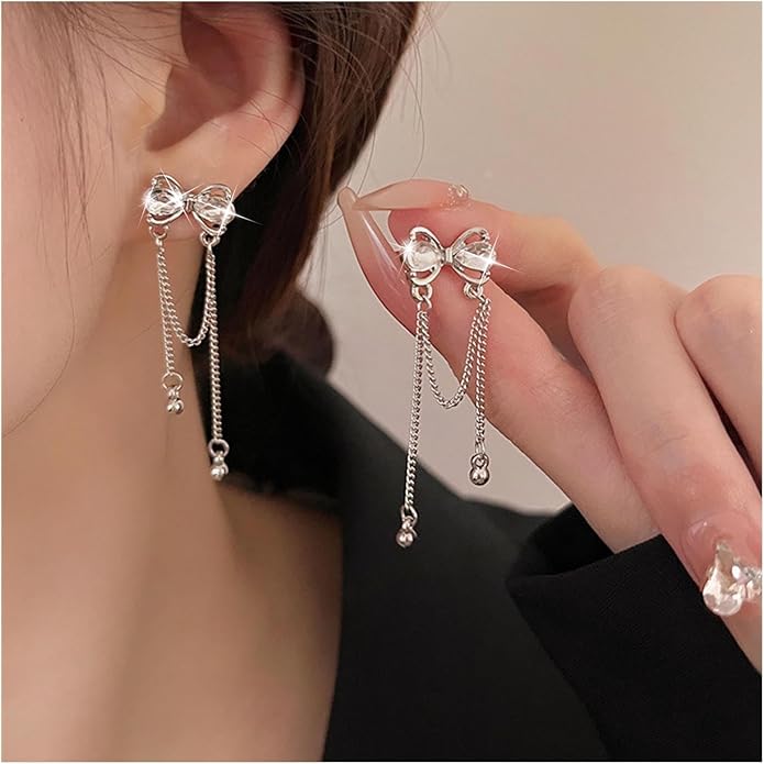 Vintage Crystal Bow Earrings Rhinestone Chain Drop Earrings Silver Long Chain Dangle Earrings Long Tassel Chain Earrings Jewelry for Women-VivaGrace Women