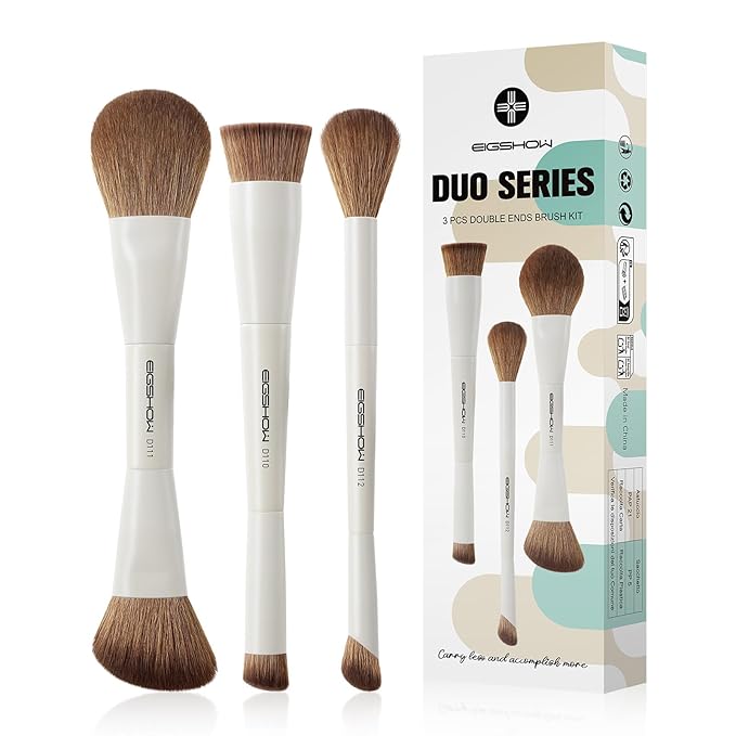 EIGSHOW Makeup Brush Set, 3Pcs Double Ended Face Makeup Brushes for Foundation Powder Contour Highlight Concealer Nose Shadow, Travel Gift Set (Beige)-VivaGrace Women