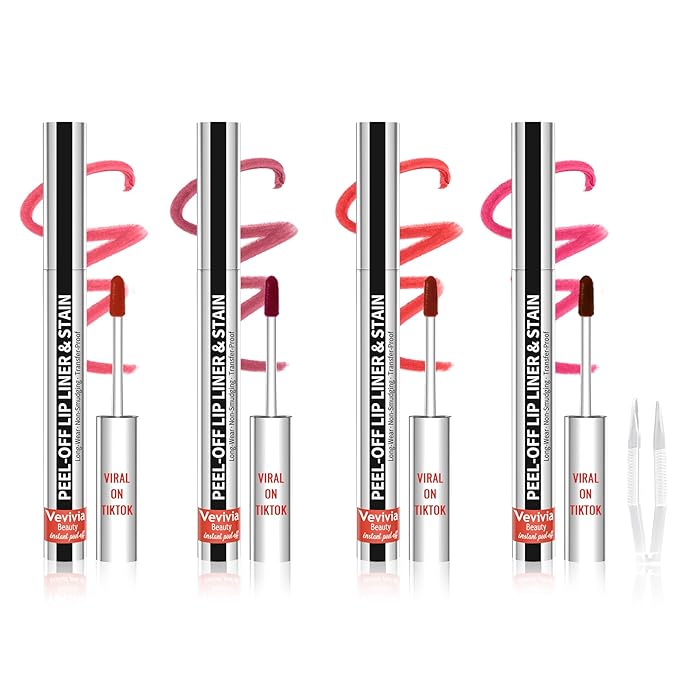 4pcs Lip Stain Peel Off - Lip Liner Stain Long Lasting Waterproof with Tweezer,2-in-1 Lip Liner Matte,Natural Finish,Non-Stick Cup,Stay On All Day,Perfect for Gift(Cocoa+Rose+Nude+Mauve)-VivaGrace Women