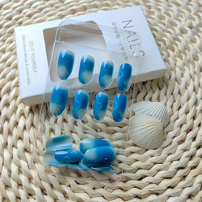 Blue Press on Nails Medium Length Almond Fake Nails Blue Gradient Marble Glue on Nails Summer Acrylic Nails Glossy False Nails Reusable Artificial Stick on Nails for Women Girls Manicure 24Pcs