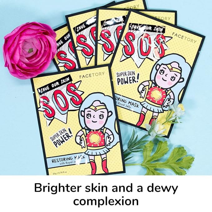 FACETORY K Beauty Face Mask Skin Care - SOS SAVE OUR SKIN RESTORING Sheet Mask with Royal Jelly & Aloe | Calm Inflammation, Dewy Skin (5 Pack)