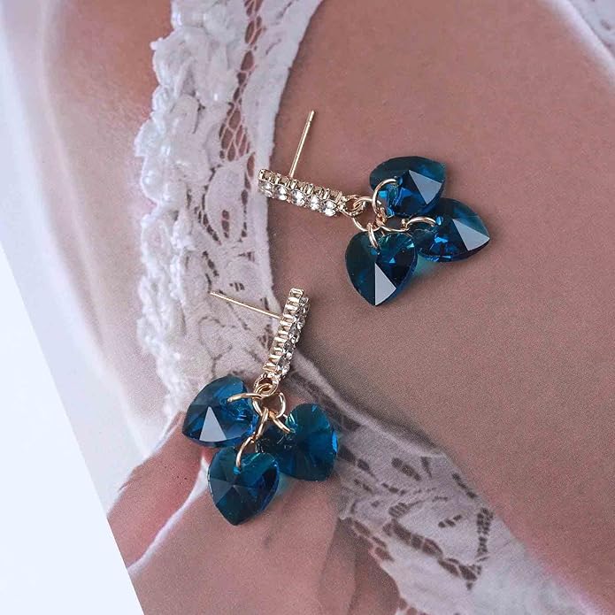 Boho Sapphire Tassel Earrings Blue Crystal Heart Earrings Gold Cz Bar Stud Earrings Blue Cz Heart Drop Earrings Blue Rhinestone Earrings Jewelry for Women-VivaGrace Women