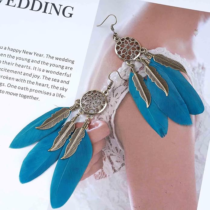 Boho Black Feather Dangle Earrings Long Feather Tassel Earrings Vintage Tribal Feather Earrings Gold Feather Drop Earrings Jewelry for Women-VivaGrace Women