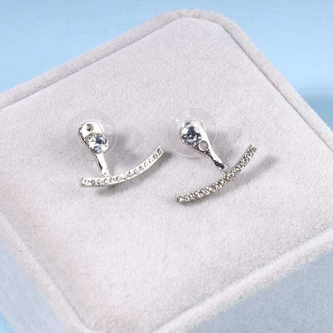 Crystal Bar Ear Climber Earrings Silver Rhinestone Ear Jacket Earrings Boho Bar Ear Crawlers Earrings Minimalist Geometric Moon Earrings Jewelry for Women and Girls-VivaGrace Women