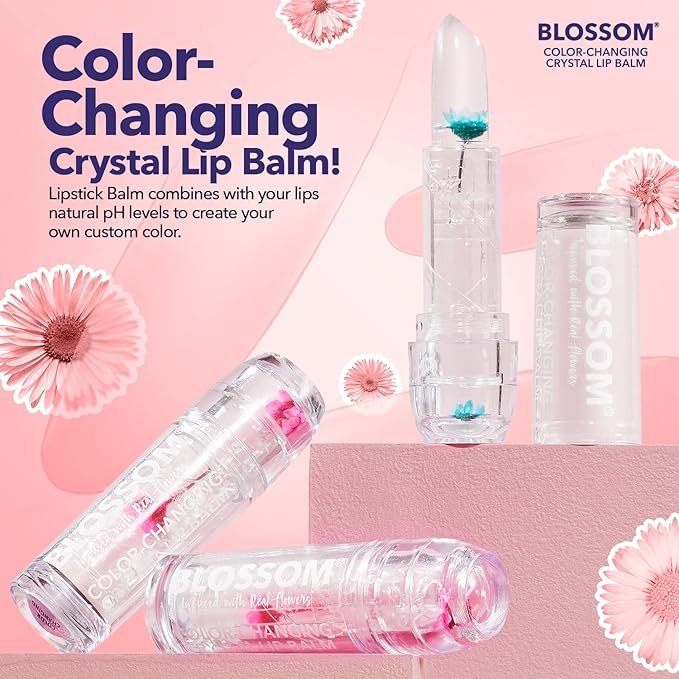 Blossom Moisturizing Custom Color Changing Crystal Lip Balm, Strawberry Scented, Lip Stain Tint, Infused with Real Flowers, 3g, Turquoise-VivaGrace Women