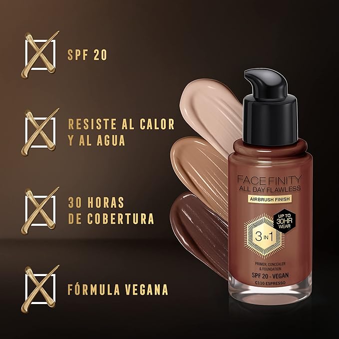 Max Factor Facefinity 3-in-1 All Day Flawless Liquid Foundation, SPF 20-110 Espresso, 30 ml-VivaGrace Women
