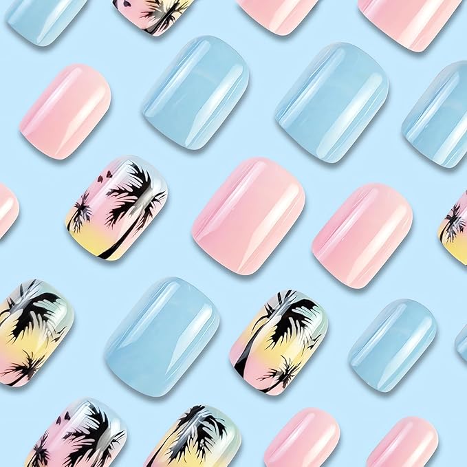 24 Pcs Summer Press on Nails Short Square Fake Nails Cute Palm Tree Designs False Nail Tips Glossy Blue Pink Acrylic Nails Full Cover Beach Glue on Nails Short Artificial Stick on Nails for Women
