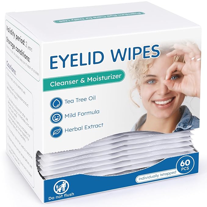 60-Count Eyelid Cleansing Wipes for Dry Eye & Blepharitis, tea tree oil Pre-Moistened Hypoallergenic EyeWipes for Sensitive Itchy Eyes, Individually Wrapped Eyelid Wipes Travel Essentials-VivaGrace Women