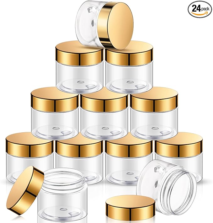 SATINIOR 24 Pieces Empty Clear Plastic Jars with Lids Round Storage Containers Wide Mouth for Beauty Product Cosmetic Cream Lotion Liquid Butter Craft and Food(Gold Lid,6 oz)-VivaGrace Women